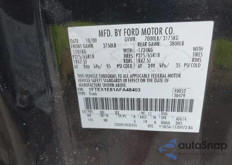 2010 Ford F150 Stx/Xl/Xlt из США, поврежденный, VIN 1FTEX1E81AFA48403